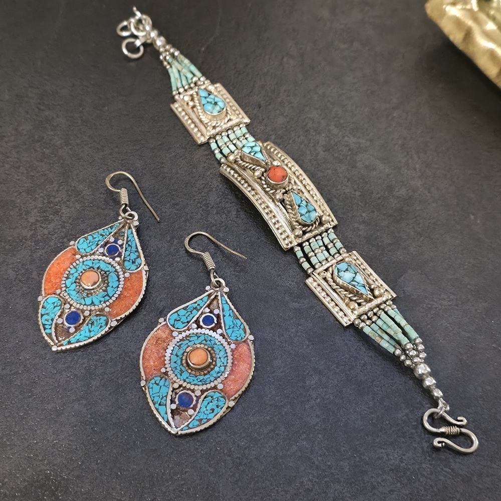 Vintage Tibetan Silver Bracelet And Earrings